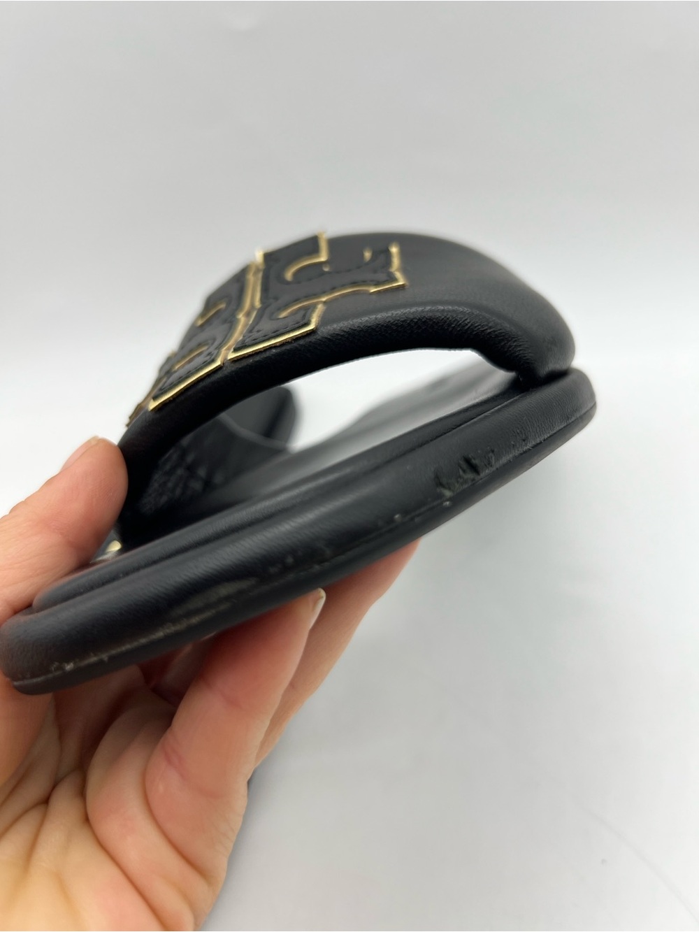 Tory Burch Double T Sport Slide Black Gold Leather Sandals Size 11 - Picture 6 of 15